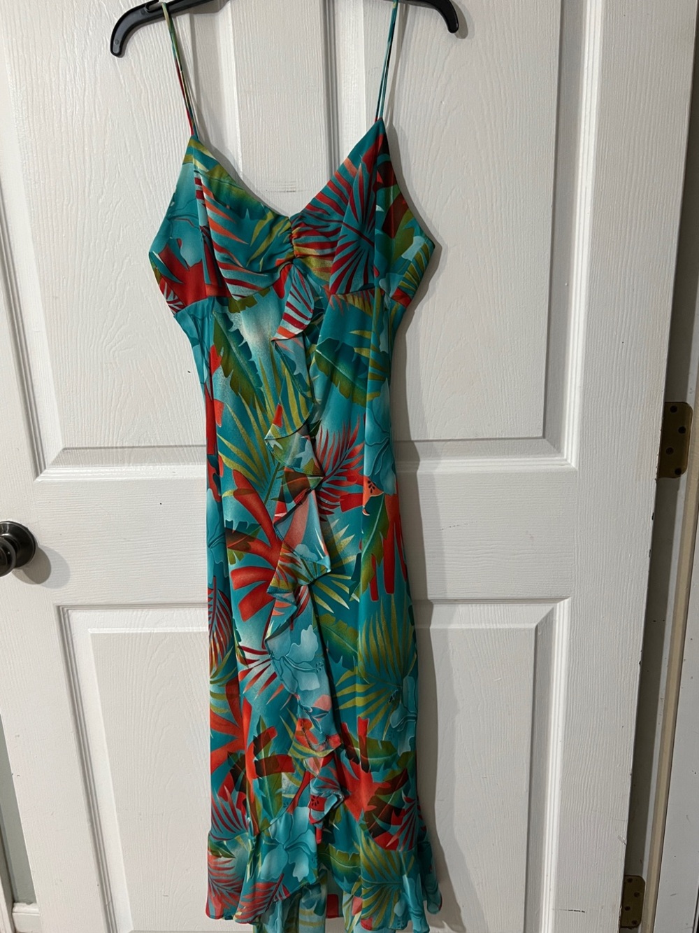 Teal Tropical Midi Slip Dress with Red & Green Leaf Print w/ Ruffles
